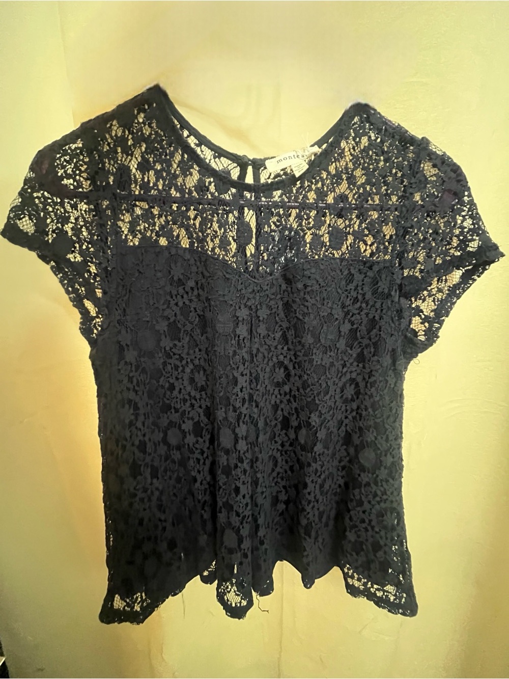 Monteau Navy Lace Cap-Sleeve Blouse